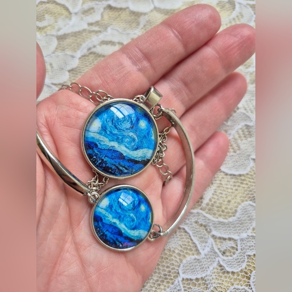 Elegant Blue and Silver Van Gogh Necklace and Bracelet Set - Picture 4 of 6